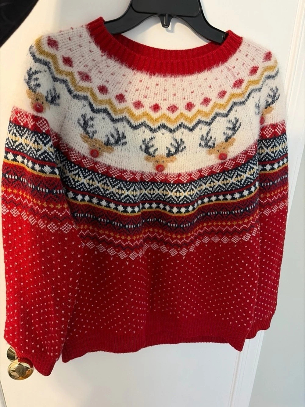 Fair Isle Reindeer Crewneck Sweater in Red & Cream